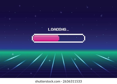 LOADING. pixel art. 8 bit. retro game. for game assets in vector illustrations. Retro Futurism Sci-Fi Background. glowing neon grid and star from vintage arcade computer game.