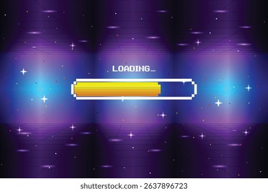 LOADING. pixel art. 8 bit. retro game. for game assets in vector illustrations. Retro Futurism Sci-Fi Background. glowing neon grid and star from vintage arcade computer game.