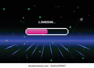 LOADING. pixel art. 8 bit. retro game. for game assets in vector illustrations. Retro Futurism Sci-Fi Background. glowing neon grid and star from vintage arcade computer game.