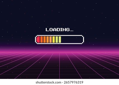 LOADING. pixel art. 8 bit. retro game. for game assets in vector illustrations. Retro Futurism Sci-Fi Background. glowing neon grid and star from vintage arcade computer game.