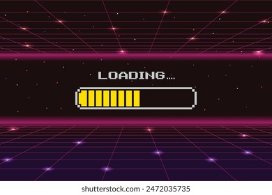 LOADING, Pixel art background.8 bit game. retro game. for game assets in vector illustrations. Retro Futurism Sci-Fi Background. glowing neon grid. and stars from vintage arcade comp