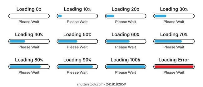 Loading please wait bar slider icon set 0-100% in blue color. Percentage loading bar infographic icon set 0-100% in blue color. set of percentage loading bar 10%, 20%, 70, 90%, 100% in blue color. svg