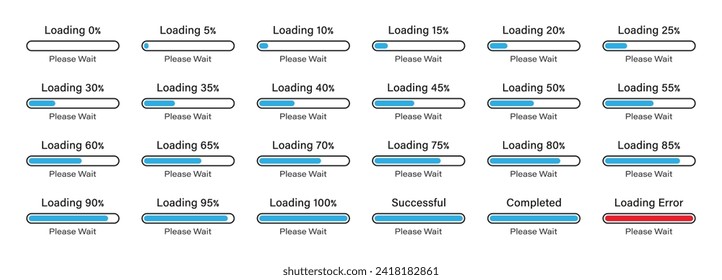 Loading please wait bar slider icon set 0-100% with 5% difference in blue color. Percentage loading bar infographics icon set 0%, 5%, 10%, 95%, 100% in blue color. svg