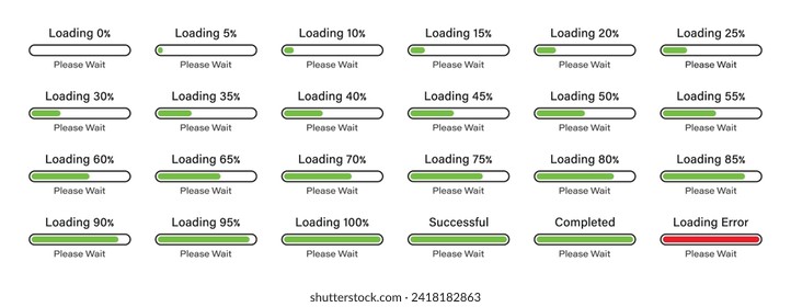 Loading please wait bar slider icon set 0-100% with 5% difference in green color. Set of percentage loading bar infographic icons 5%, 10%, 95%, 100% in green color. svg