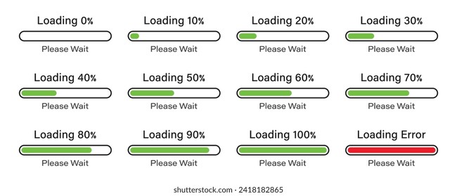 Loading please wait bar slider icon set 0-100% in green color. Percentage loading bar infographic icon set 0-100% in green color. set of percentage loading bar 10%, 20%, 70, 90%, 100% in green color. svg