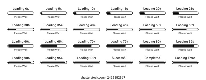 Loading please wait bar slider icon set 0-100% with 5% difference in black color. ercentage loading bar infographics icon set 0%, 5%, 10%, 95%, 100% in black color. svg
