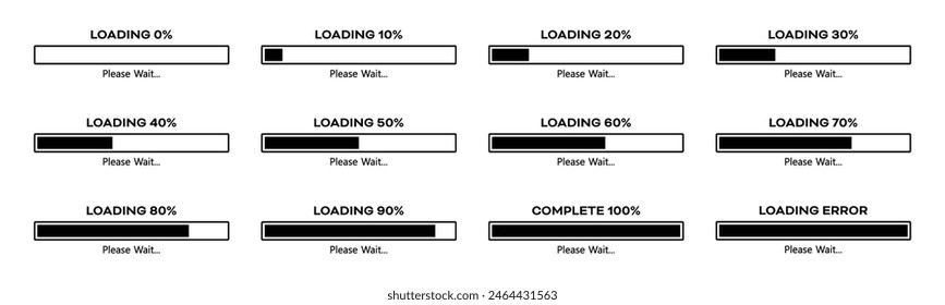 Cargando, por favor espere el conjunto de la barra de progreso con 0-100% en color negro. Conjunto de iconos de infografía de barra de carga porcentual 0-100% en color negro. Conjunto de barra de carga de porcentaje 10%, 20%, 70, 90%, 100% icono