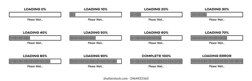 Cargando, por favor espere el conjunto de la barra de progreso con 0-100% en color negro. Conjunto de iconos de infografía de barra de carga porcentual 0-100% en color negro. Conjunto de barra de carga porcentual 10%, 20%, 70, 90%, 100% en color negro