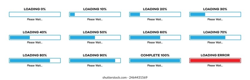 Loading please wait progress bar set with 0-100% in blue color. Percentage loading bar infographic icon set 0-100% in blue color. Set of percentage loading bar 10%, 20%, 70, 90%, 100% slider.