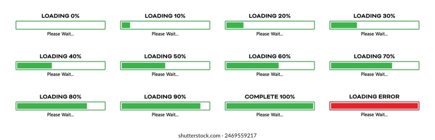 Loading please wait progress bar set with 0-100% in green color. Percentage loading bar infographic icon set 0-100% in blue color. Set of percentage loading bar 10%, 20%, 70, 90%, 100% slider.