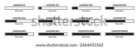 Loading please wait progress bar set with 0-100% in black color. Percentage loading bar infographic icon set 0-100% in black color. Set of percentage loading bar 10%, 20%, 70, 90%, 100% icon