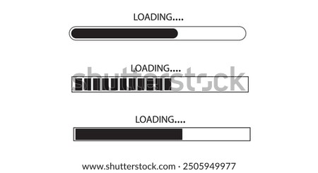 Loading please wait progress bar set with 0 to 100 percent in black color. Percentage loading bar infographic icon