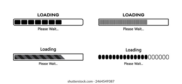 Laden Bitte warten Rechteckige Leiste Verschiedene Icon-Satz von vier in schwarzer Farbe. Gruppe von Symbolen zum Laden der Vektorgrafik. Fortschrittssymbol für die Ladeleiste. Herunterladener Fortschritt. Kollektion Laden Status. Vektorillustration.