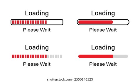 Cargando, por favor espere infografías de símbolos en color rojo. Conjunto de infografías de carga del 70 por ciento en cuatro estilos diferentes: barra, barra rectangular, barra redondeada, barra rectangular aislada para modo de luz.