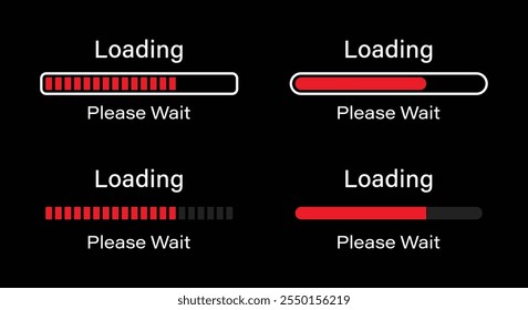 Loading please wait symbol infographics set in red color. Set of 70 percent loading infographics in four different styles- Bar, Rectangular bar, Rounded bar, Rectangular bar isolated for dark mode.