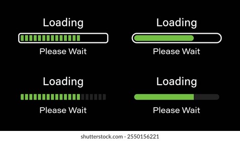 Loading please wait symbol infographics set in green color. Set of 70 percent loading infographics in four different styles- Bar, Rectangular bar, Rounded bar, Rectangular bar isolated for dark mode.