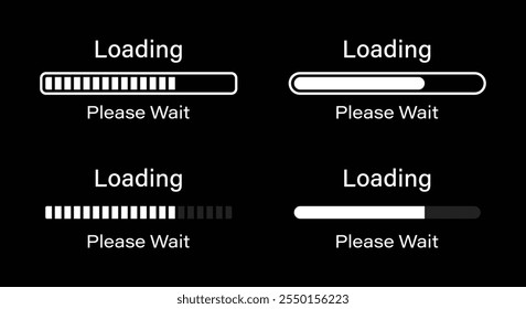 Loading please wait symbol infographics set in white color. Set of 70 percent loading infographics in four different styles- Bar, Rectangular bar, Rounded bar, Rectangular bar isolated for dark mode.