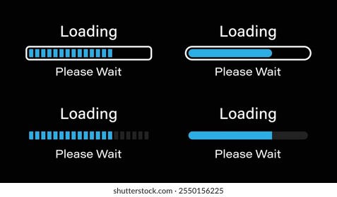 Loading please wait symbol infographics set in blue color. Set of 70 percent loading infographics in four different styles- Bar, Rectangular bar, Rounded bar, Rectangular bar isolated for dark mode.