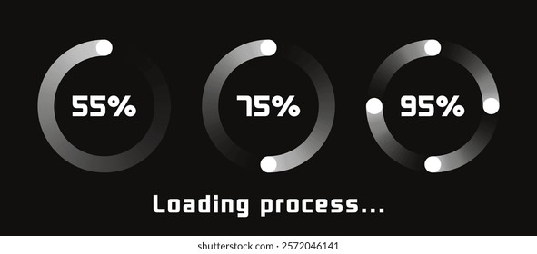 Loading process icon set with gradient lines and white circles with rotation effect. Design concept for tech, UI, or website projects. Vector illustration 