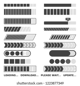 Loading process icons set. Download and upload indicator sign, waiting symbols. Vector illustration.