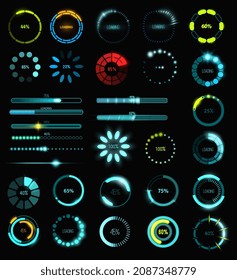 Loading process and status bar icons, HUD interface. Vector dashboard elements, Sci-Fi digital futuristic technology neon glowing ui navigation for game menu design or web site data load processing