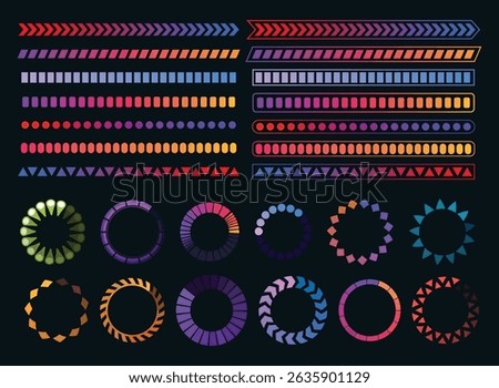 Loading process and status bar icons, HUD interface. Vector Sci Fi digital futuristic elements for dashboard, technology style neon glowing ui navigation for game menu design or web site data load
