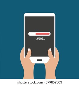 Loading process status concept creative vector illustration on a gadget Waiting for upload or download on Flat design & two hands holding the phone mobile or clean modern simple tablet