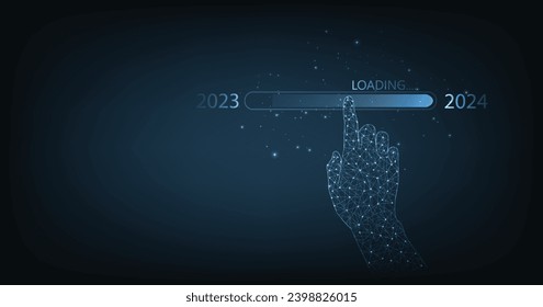 Loading progress from 2023 to 2024. Hand touching on download bar status to change from 2023 to 2024 for the countdown of Happy New Year by technology concept.