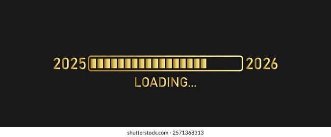 Loading progress bar of 2025, 2026. Golden loading bar on black background. Vector illustration.