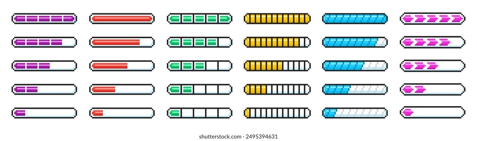 Cargando barra de progreso en estilo de los 90. Estado de proceso del cargador de 8 bits. Ilustración vectorial de estilo de arte de píxeles.