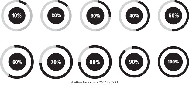 Loading progress bar. Circular progress bar icons.Battery indicator symbols,10 15 20 25 30 35 40 45 50 55 60 65 70 75 80 percent, vactor illustration,
