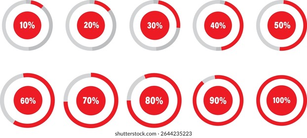 Loading progress bar. Circular progress bar icons.Battery indicator symbols,10 15 20 25 30 35 40 45 50 55 60 65 70 75 80 percent, vactor illustration,
