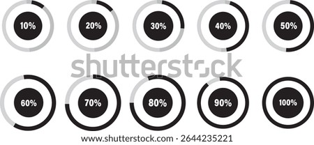Loading progress bar. Circular progress bar icons.Battery indicator symbols,10 15 20 25 30 35 40 45 50 55 60 65 70 75 80 percent, vactor illustration,
