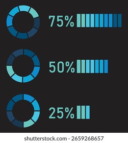 Loading progress bar and donut charts illustrating data completion percentages digital interface