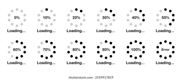 Loading progress bar icon in black color.  Percentage loading bar infographic icon set from 0-100%. Set of percentage loading. Collection of Load status. Loading indicator set. Download process.   