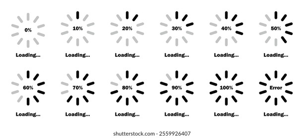 Loading progress bar icon in black color.  Percentage loading bar infographic icon set from 0-100%. Set of percentage loading. Collection of Load status. Loading indicator set. Download process.   