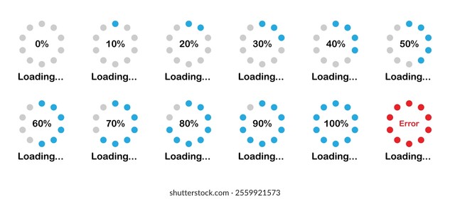 Loading progress bar icon in blue color.  Percentage loading bar infographic icon set from 0-100%. Set of percentage loading. Collection of Load status. Loading indicator set. Download process.   