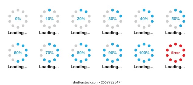 Loading progress bar icon in blue color.  Percentage loading bar infographic icon set from 0-100%. Set of percentage loading. Collection of Load status. Loading indicator set. Download process.   