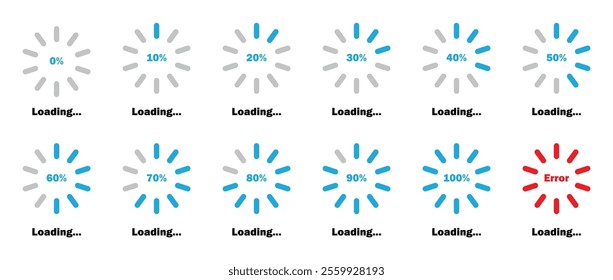 Loading progress bar icon in blue color.  Percentage loading bar infographic icon set from 0-100%. Set of percentage loading. Collection of Load status. Loading indicator set. Download process.   