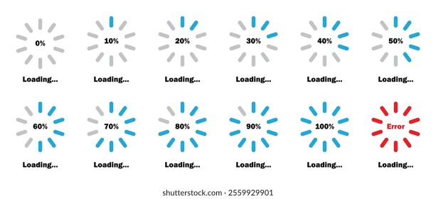 Loading progress bar icon in blue color.  Percentage loading bar infographic icon set from 0-100%. Set of percentage loading. Collection of Load status. Loading indicator set. Download process.   