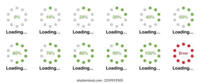 Loading progress bar icon in green color.  Percentage loading bar infographic icon set from 0-100%. Set of percentage loading. Collection of Load status. Loading indicator set. Download process.   