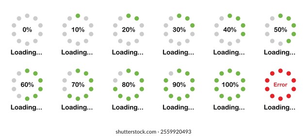 Loading progress bar icon in green color.  Percentage loading bar infographic icon set from 0-100%. Set of percentage loading. Collection of Load status. Loading indicator set. Download process.   