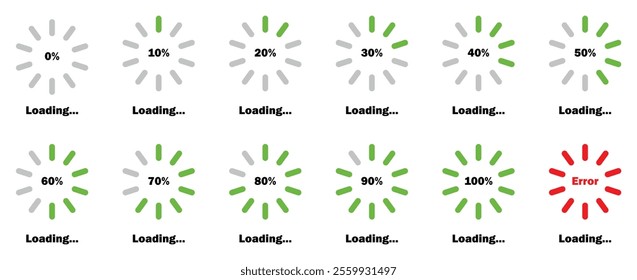 Loading progress bar icon in green color.  Percentage loading bar infographic icon set from 0-100%. Set of percentage loading. Collection of Load status. Loading indicator set. Download process.   