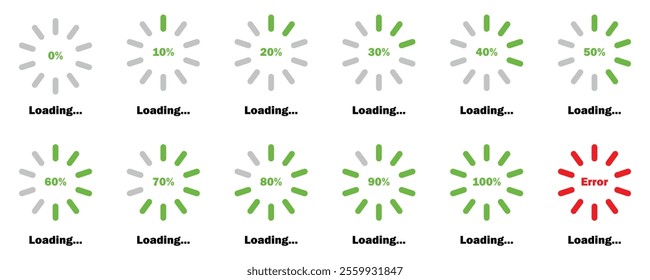 Loading progress bar icon in green color.  Percentage loading bar infographic icon set from 0-100%. Set of percentage loading. Collection of Load status. Loading indicator set. Download process.   