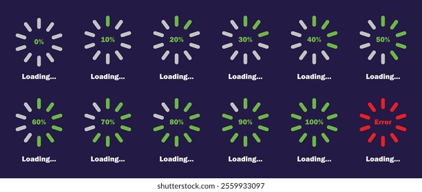  Loading progress bar icon in green color. Percentage loading bar infographic icon set from 0-100%. Set of percentage loading. Collection of load status. Loading indicator set. Download process. 