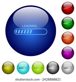 Loading progress bar icons on round glass buttons in multiple colors. Arranged layer structure