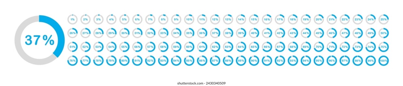 Loading progress bar. Percentage circle set. Loading indicator set. From 1 to 100. Vector illustration.