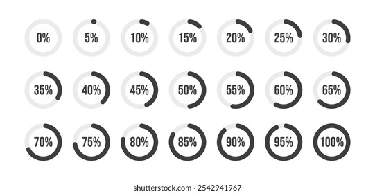 Loading progress bar. Percentage circle set. Loading indicator set. 5 10 15 20 25 30 35 40 45 50 55 60 65 70 75 80 85 90 95 percent. Ready-to-use for web design, user interface UI or infographic.