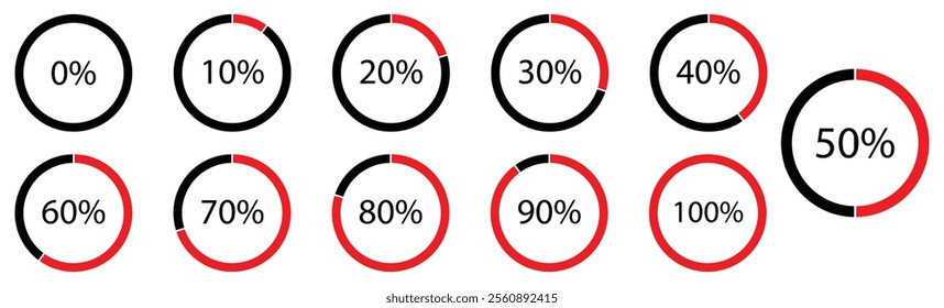 Loading progress bar. Percentage circle set. Loading indicator set. From 10% to 100%. Vector illustration. simple flat design loading data interface elements app buttons, vector illustration set