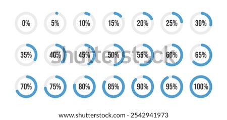 Loading progress bar. Percentage circle set. Loading indicator set. 5 10 15 20 25 30 35 40 45 50 55 60 65 70 75 80 85 90 95 percent. Ready-to-use for web design, user interface UI or infographic.